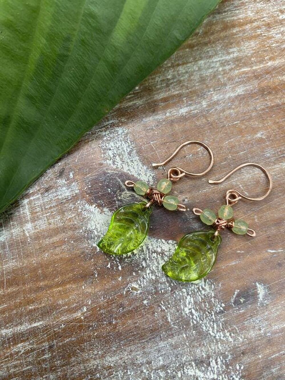 Green Leaf Czech Cross Copper Earrings — Handmade Wire-Wrapped Boho
